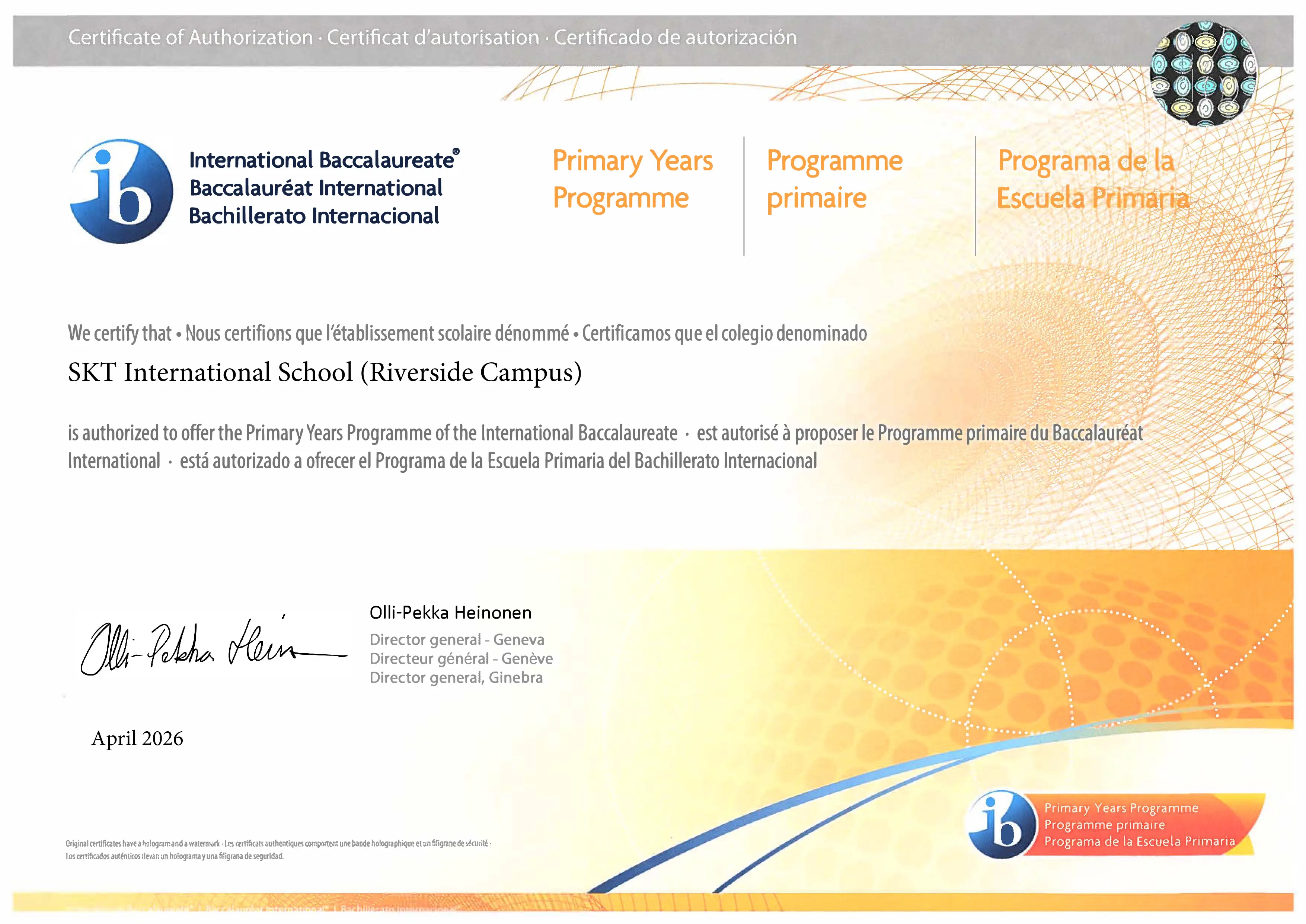 SKT Riverside Campus PYP certificate